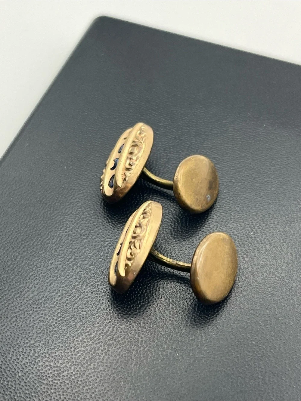 Victorian cuff links blue crescent moon scroll embossed design gold tone vintage